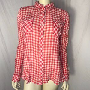C&C California Red & White Gingham Button Down Top | Crinkle Gauze | Long Sleeve